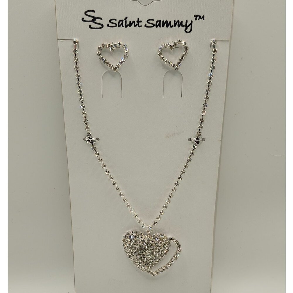 Saint Sammy Austrian Crystal Necklace/Earrings Set Double Heart Prom or Wedding